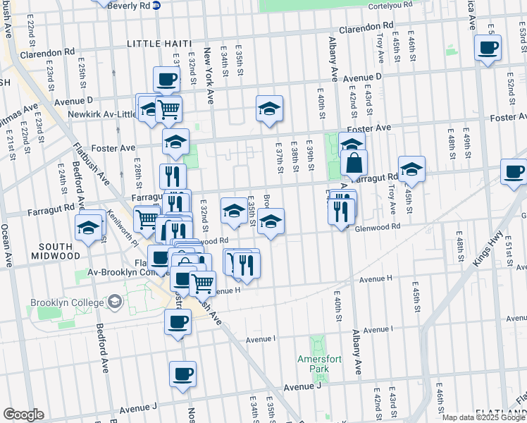 map of restaurants, bars, coffee shops, grocery stores, and more near 1564 Brooklyn Avenue in Brooklyn