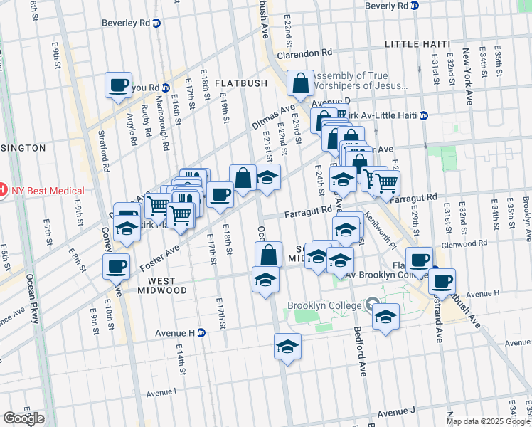 map of restaurants, bars, coffee shops, grocery stores, and more near 762 East 21st Street in Brooklyn