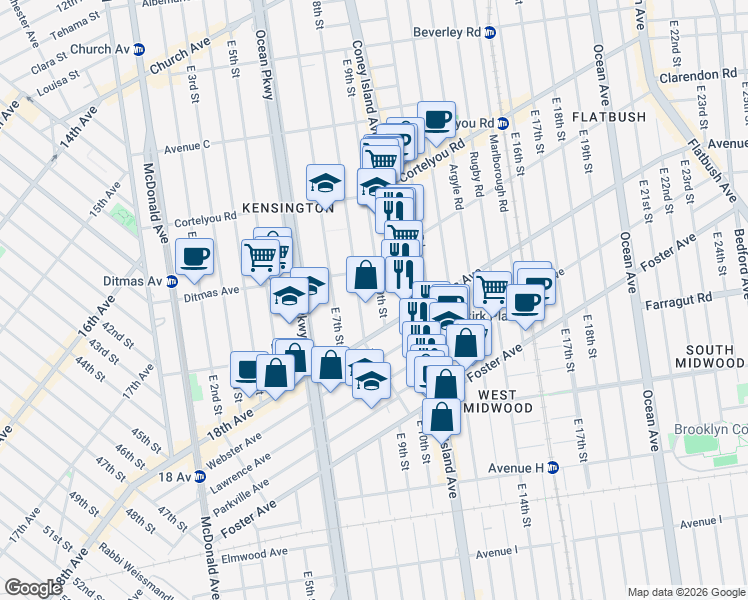 map of restaurants, bars, coffee shops, grocery stores, and more near 562 East 9th Street in Brooklyn