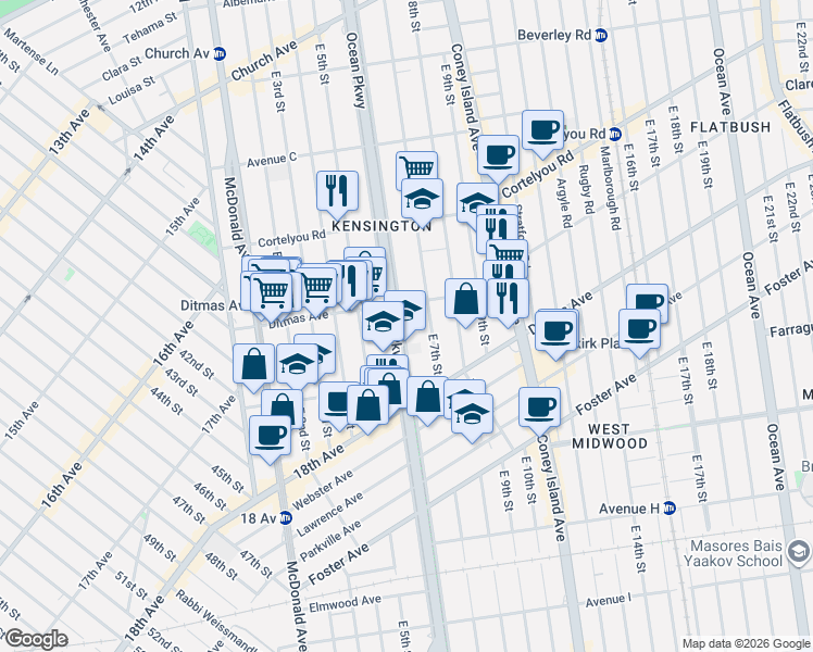 map of restaurants, bars, coffee shops, grocery stores, and more near 540 Ocean Parkway Service Road in Brooklyn