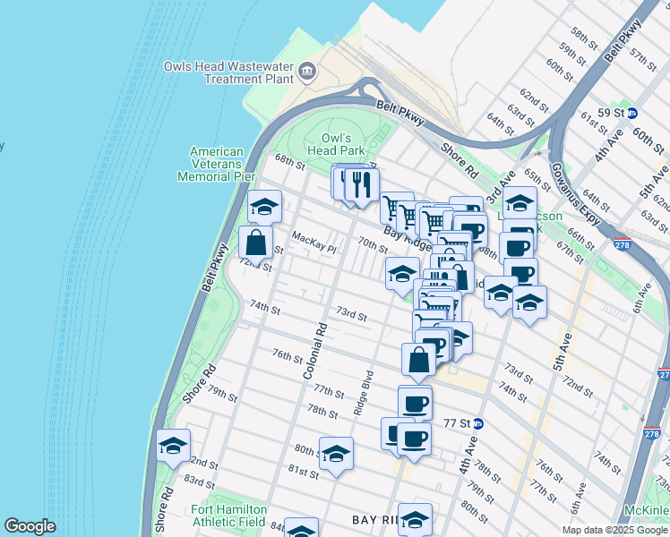 map of restaurants, bars, coffee shops, grocery stores, and more near 7124 Colonial Road in Brooklyn