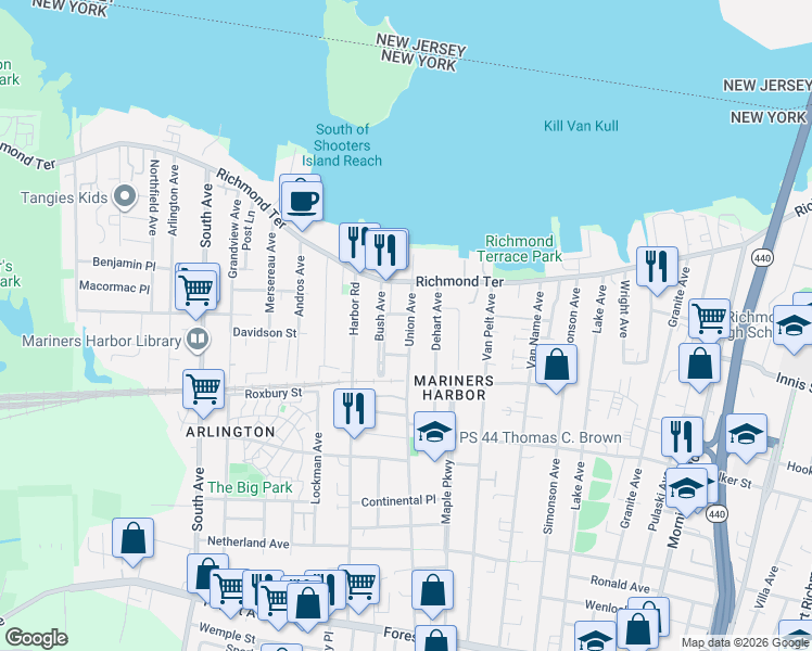 map of restaurants, bars, coffee shops, grocery stores, and more near 68 Union Avenue in Staten Island