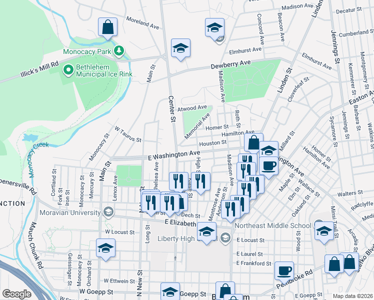 map of restaurants, bars, coffee shops, grocery stores, and more near 140 East Washington Avenue in Bethlehem