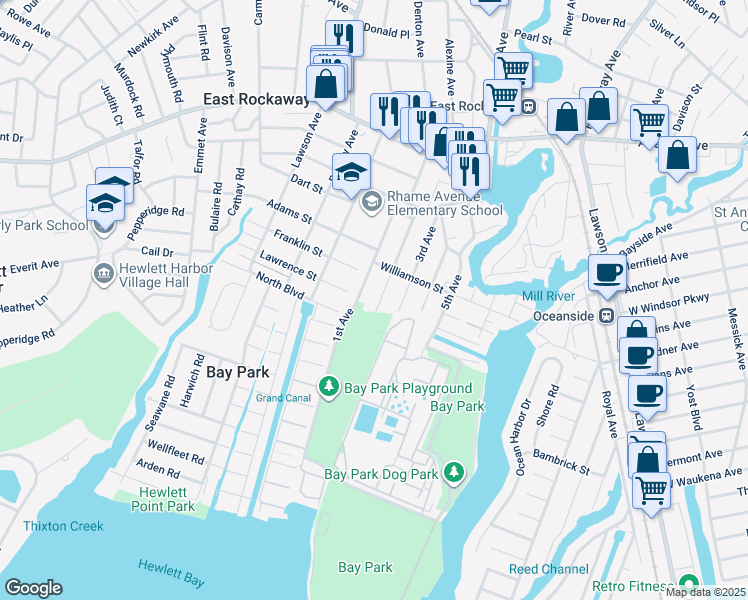 map of restaurants, bars, coffee shops, grocery stores, and more near 104 2nd Avenue in Bay Park