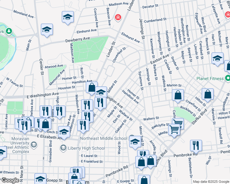 map of restaurants, bars, coffee shops, grocery stores, and more near 1621 Easton Avenue in Bethlehem