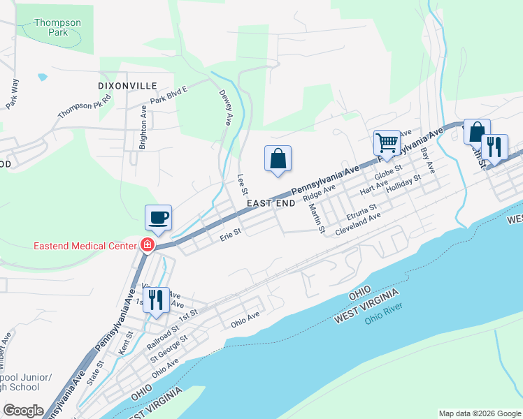 map of restaurants, bars, coffee shops, grocery stores, and more near 1273 Erie Street in East Liverpool