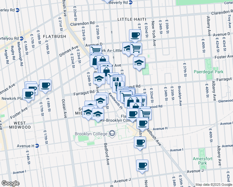 map of restaurants, bars, coffee shops, grocery stores, and more near 1440 Flatbush Avenue in Brooklyn