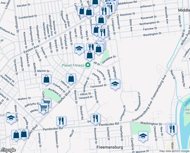 map of restaurants, bars, coffee shops, grocery stores, and more near 1520 Lebanon Street in Bethlehem