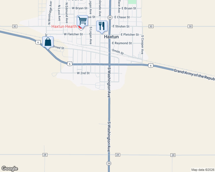 map of restaurants, bars, coffee shops, grocery stores, and more near 811 South Washington Avenue in Haxtun