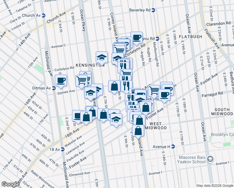 map of restaurants, bars, coffee shops, grocery stores, and more near 538 East 9th Street in Brooklyn