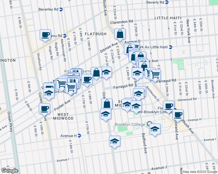map of restaurants, bars, coffee shops, grocery stores, and more near 762 East 21st Street in Brooklyn