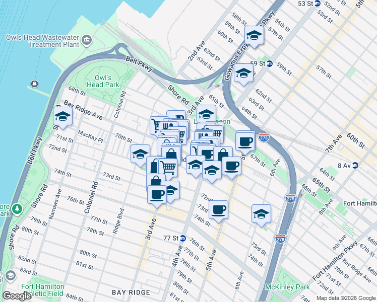 map of restaurants, bars, coffee shops, grocery stores, and more near 342 Bay Ridge Avenue in Brooklyn