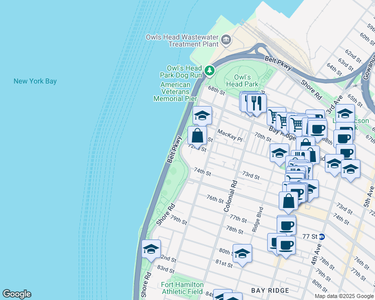 map of restaurants, bars, coffee shops, grocery stores, and more near 7243 Shore Road in Brooklyn