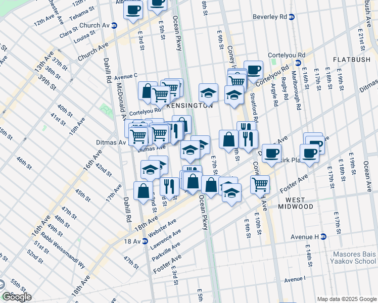 map of restaurants, bars, coffee shops, grocery stores, and more near 514 Ocean Parkway in Brooklyn