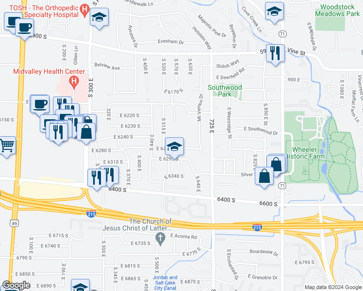 map of restaurants, bars, coffee shops, grocery stores, and more near 565 East 6270 South in Murray