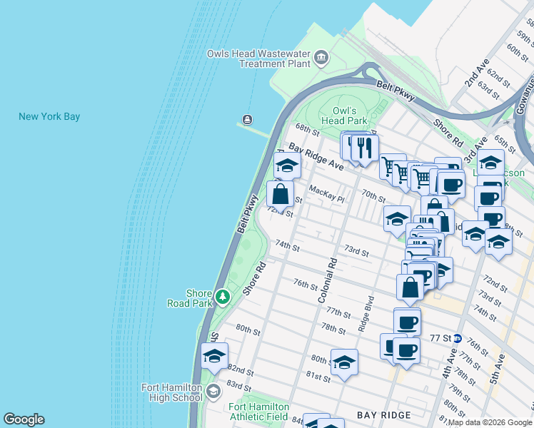 map of restaurants, bars, coffee shops, grocery stores, and more near 7243 Shore Road in Brooklyn