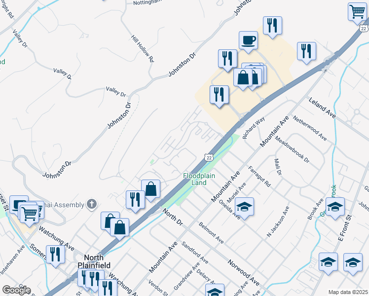 map of restaurants, bars, coffee shops, grocery stores, and more near 12030 Crystal Ridge Drive in Watchung