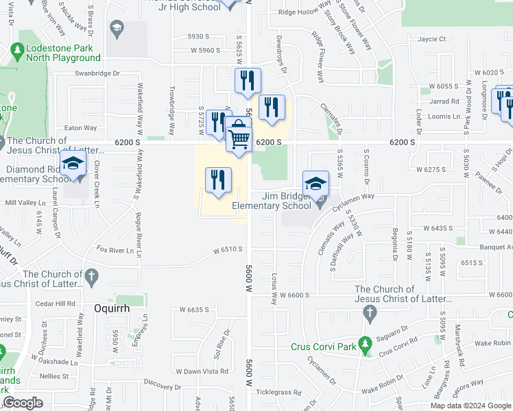 map of restaurants, bars, coffee shops, grocery stores, and more near 6364 Uyeda Court in West Jordan