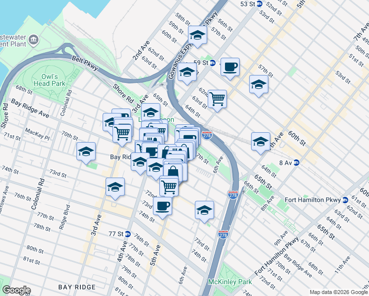 map of restaurants, bars, coffee shops, grocery stores, and more near 484 67th Street in Brooklyn