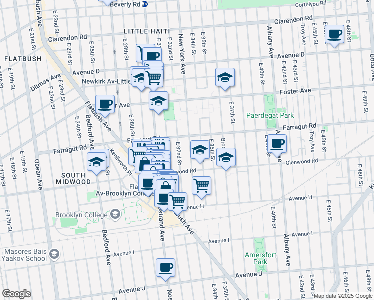 map of restaurants, bars, coffee shops, grocery stores, and more near 1524 New York Avenue in Brooklyn