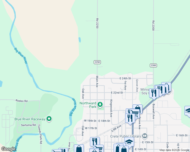 map of restaurants, bars, coffee shops, grocery stores, and more near 2342 Main Avenue in Crete