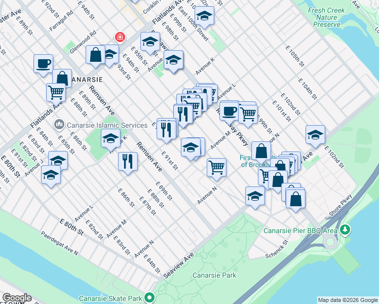 map of restaurants, bars, coffee shops, grocery stores, and more near 1500 East 92nd Street in Brooklyn