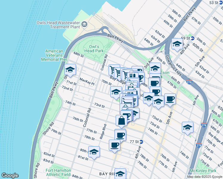 map of restaurants, bars, coffee shops, grocery stores, and more near 189 71st Street in Brooklyn