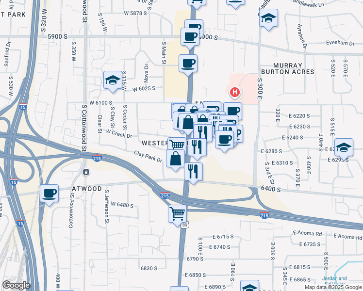 map of restaurants, bars, coffee shops, grocery stores, and more near 6200 South in Murray