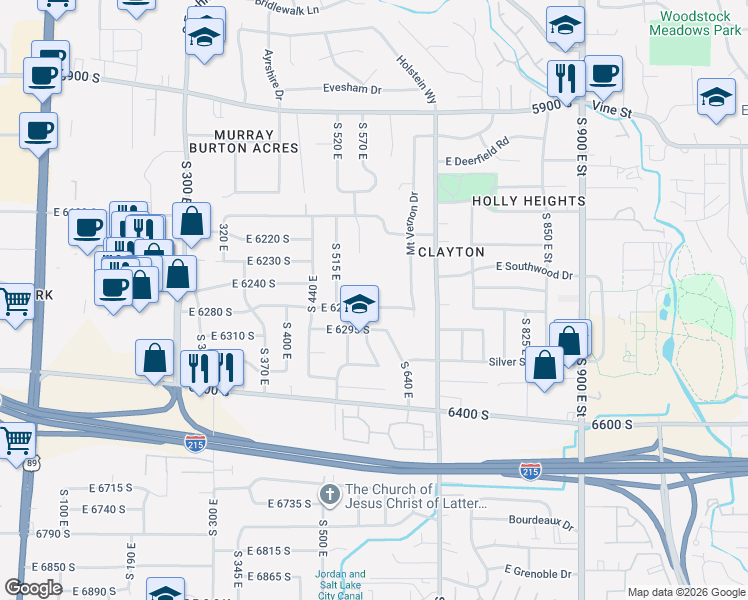 map of restaurants, bars, coffee shops, grocery stores, and more near 579 East 6295 South in Murray
