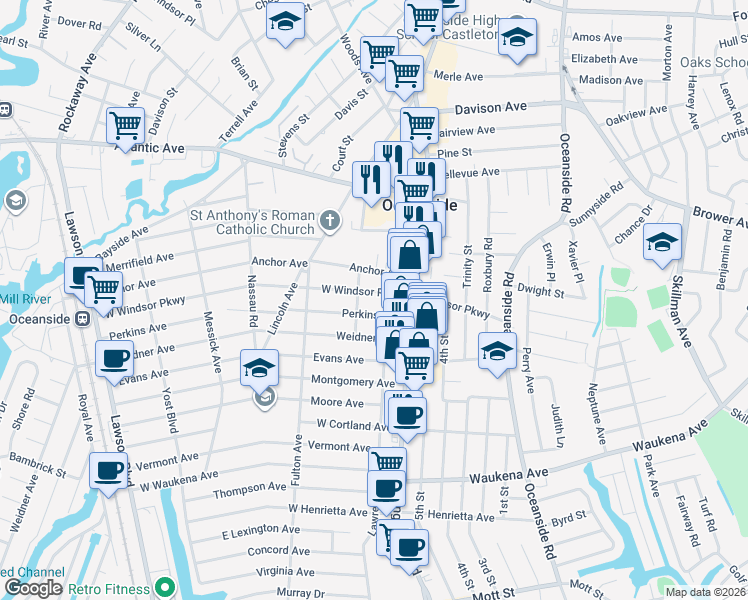 map of restaurants, bars, coffee shops, grocery stores, and more near 53 Perkins Avenue in Oceanside