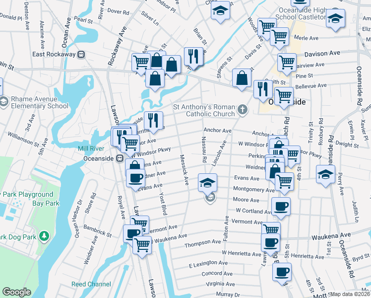 map of restaurants, bars, coffee shops, grocery stores, and more near 251 Perkins Avenue in Oceanside