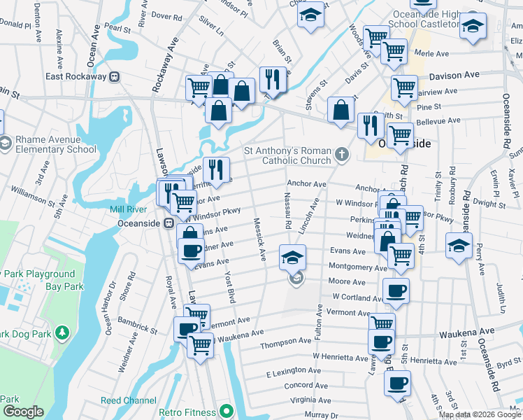 map of restaurants, bars, coffee shops, grocery stores, and more near 251 Perkins Avenue in Oceanside