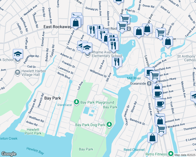 map of restaurants, bars, coffee shops, grocery stores, and more near 96 3rd Avenue in East Rockaway