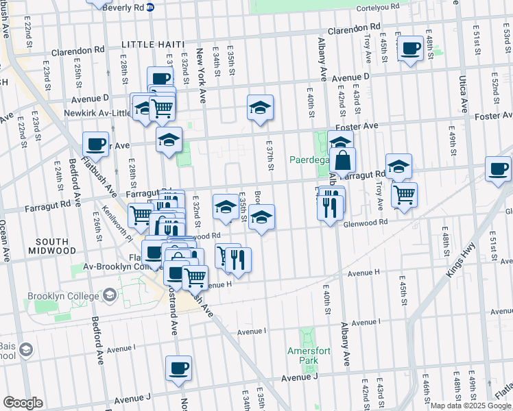 map of restaurants, bars, coffee shops, grocery stores, and more near 1564 Brooklyn Avenue in Brooklyn