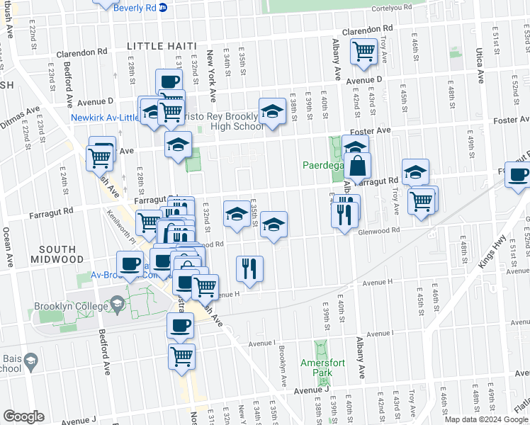 map of restaurants, bars, coffee shops, grocery stores, and more near 1564 Brooklyn Avenue in Brooklyn