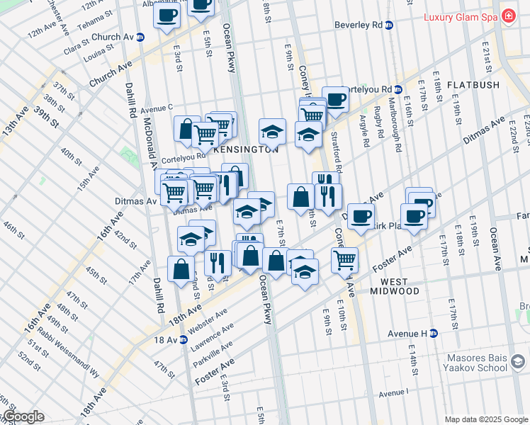 map of restaurants, bars, coffee shops, grocery stores, and more near 540 Ocean Parkway Service Road in Brooklyn