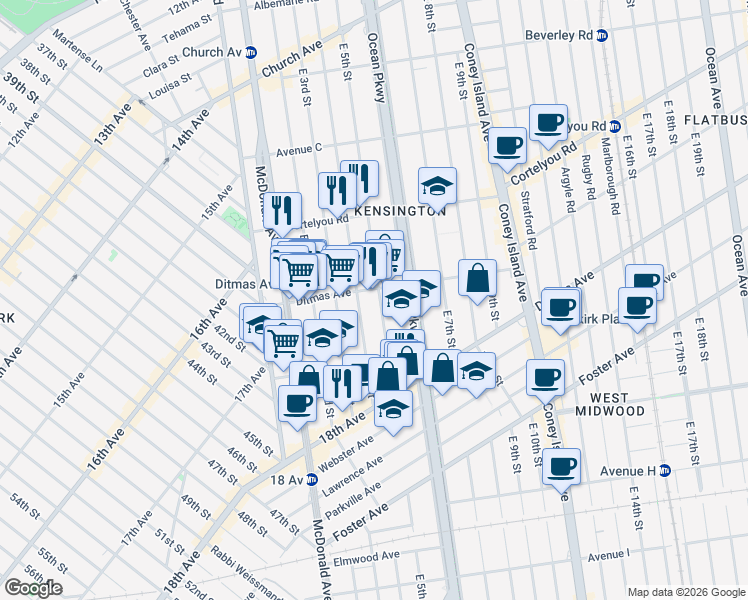 map of restaurants, bars, coffee shops, grocery stores, and more near 702 East 5th Street in Brooklyn