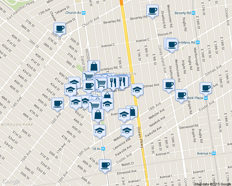 map of restaurants, bars, coffee shops, grocery stores, and more near 695 East 3rd Street in Brooklyn