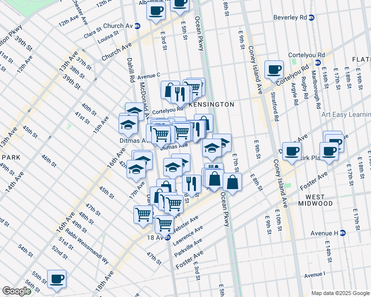 map of restaurants, bars, coffee shops, grocery stores, and more near 695 East 3rd Street in Brooklyn