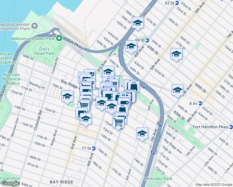 map of restaurants, bars, coffee shops, grocery stores, and more near 437 68th Street in Brooklyn