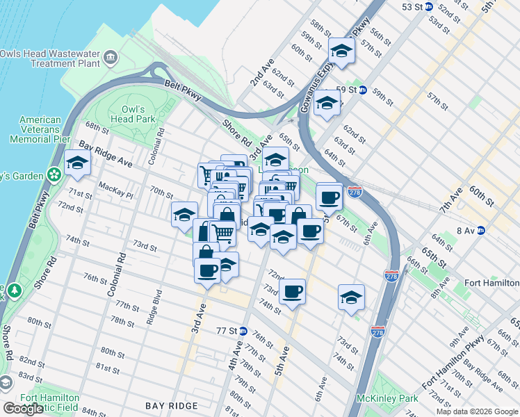 map of restaurants, bars, coffee shops, grocery stores, and more near 342 Bay Ridge Avenue in Brooklyn