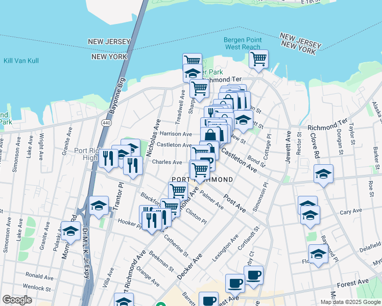 map of restaurants, bars, coffee shops, grocery stores, and more near 182 Charles Avenue in Staten Island