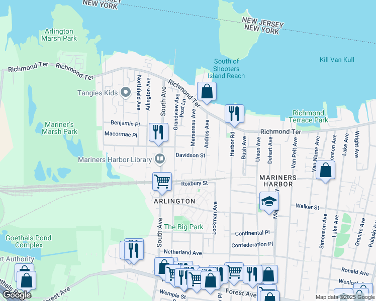 map of restaurants, bars, coffee shops, grocery stores, and more near 195 Grandview Avenue in Staten Island