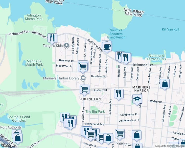 map of restaurants, bars, coffee shops, grocery stores, and more near 195 Grandview Avenue in Staten Island