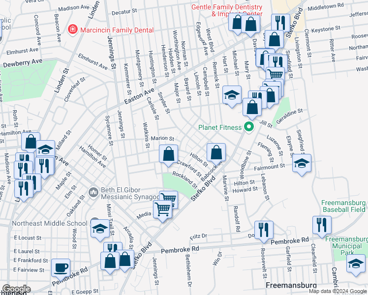map of restaurants, bars, coffee shops, grocery stores, and more near 943 Crawford Street in Bethlehem