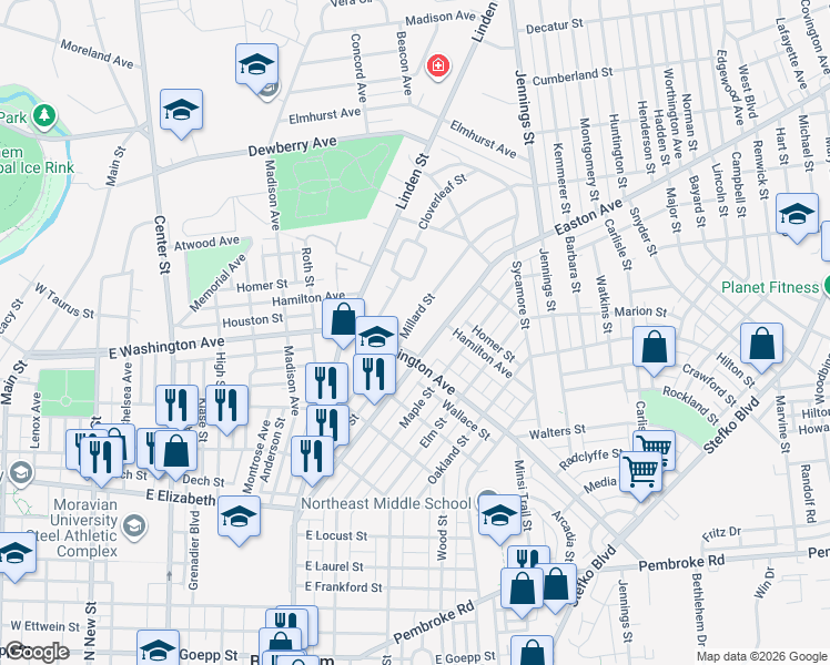 map of restaurants, bars, coffee shops, grocery stores, and more near 1604 Millard Street in Bethlehem