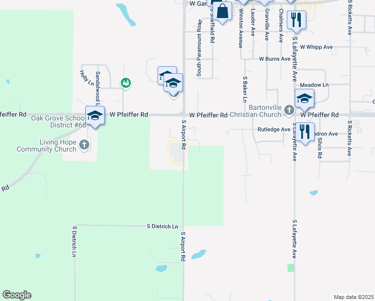 map of restaurants, bars, coffee shops, grocery stores, and more near 4423-4579 South Airport Road in Bartonville