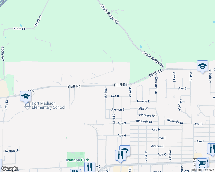map of restaurants, bars, coffee shops, grocery stores, and more near 300-398 35th Street in Fort Madison