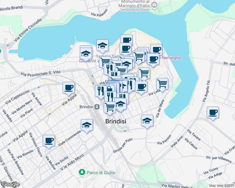 map of restaurants, bars, coffee shops, grocery stores, and more near 28 Piazza Cairoli in Brindisi