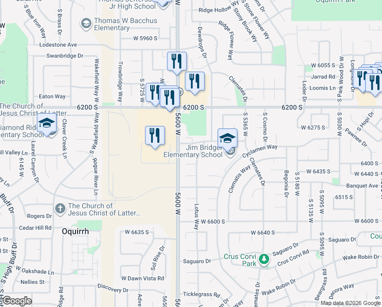 map of restaurants, bars, coffee shops, grocery stores, and more near 6363 Uyeda Court in West Jordan